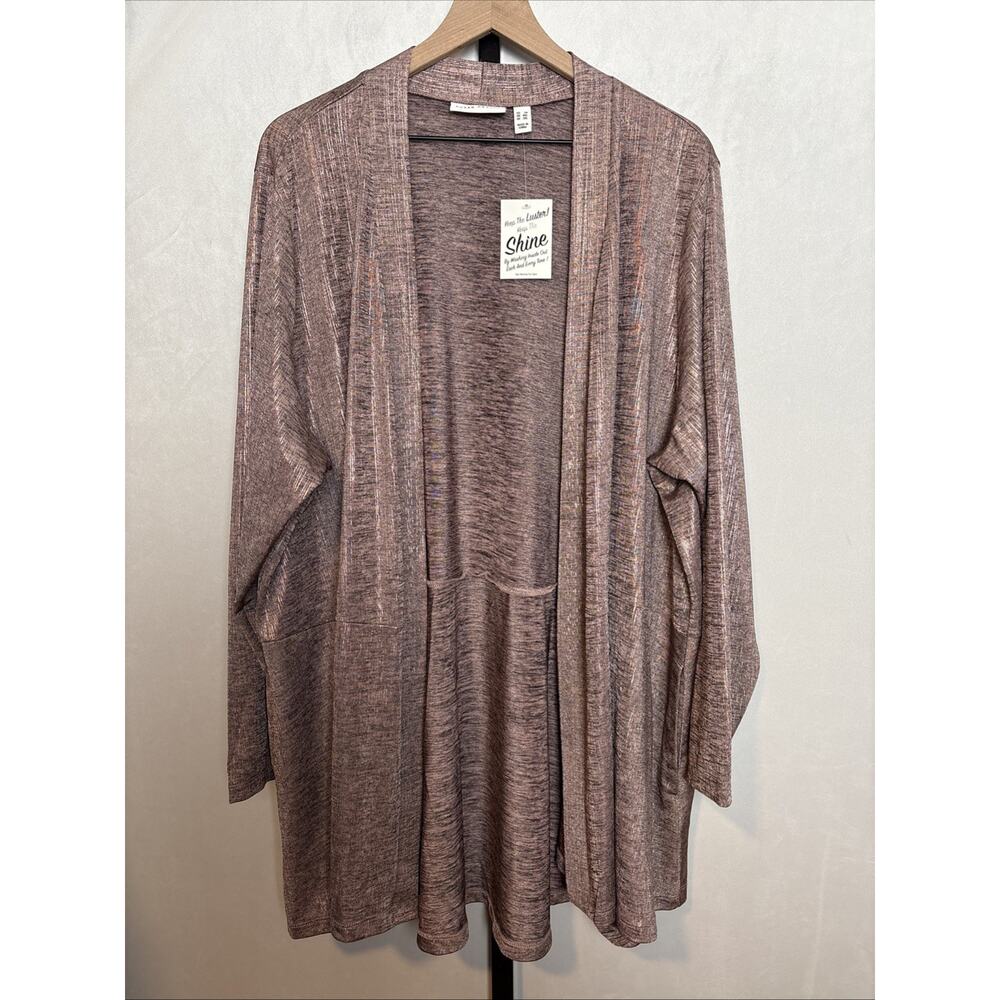 NEW Susan Graver Foil Printed Open Cardigan Women's 3X Pink Pockets Liquid Knit